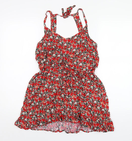 Oasis Womens Red Floral Viscose A-Line Size M V-Neck Pullover