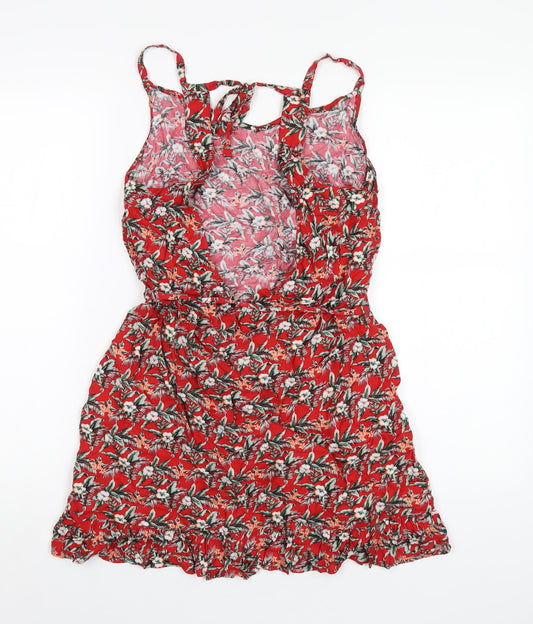 Oasis Womens Red Floral Viscose A-Line Size M V-Neck Pullover