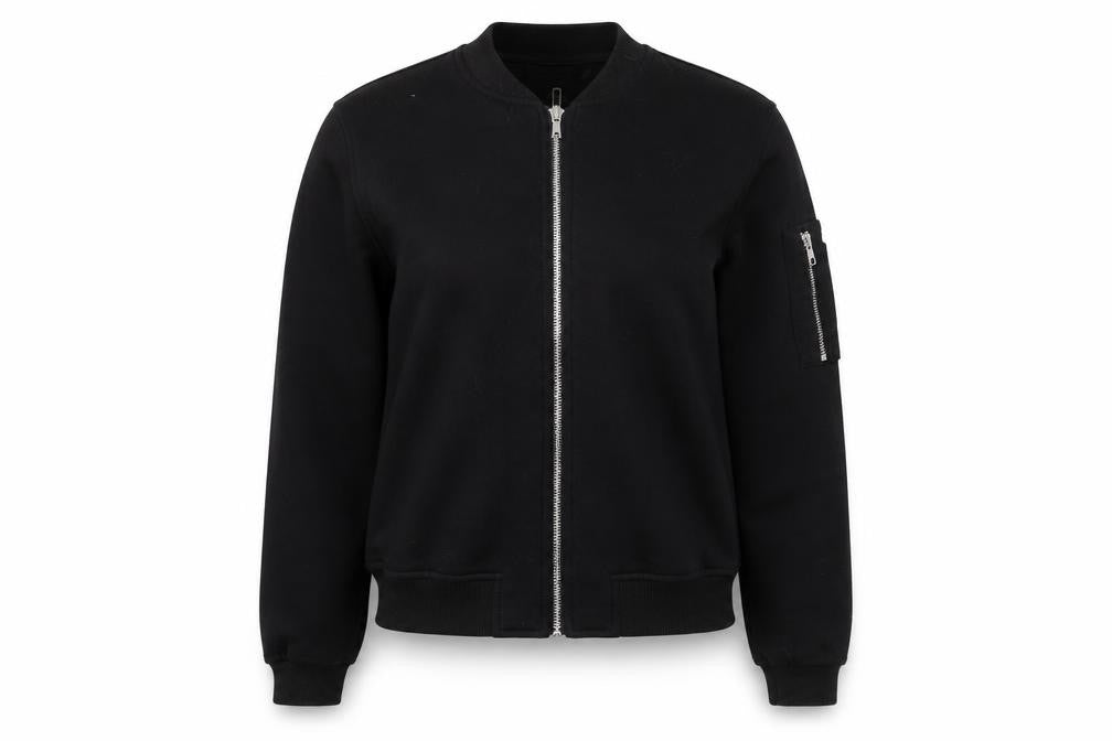 Front view of Missguided women’s black polyester full zip sweatshirt, size UK 6, zip