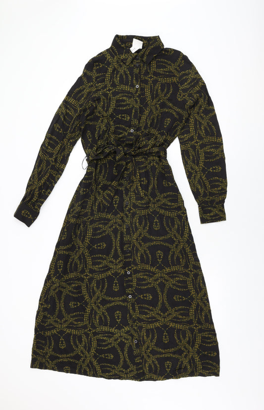 H&M Womens Black Geometric Viscose Shirt Dress Size 4 Collared Button