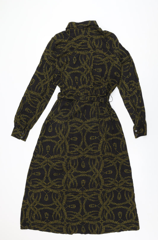 H&M Womens Black Geometric Viscose Shirt Dress Size 4 Collared Button