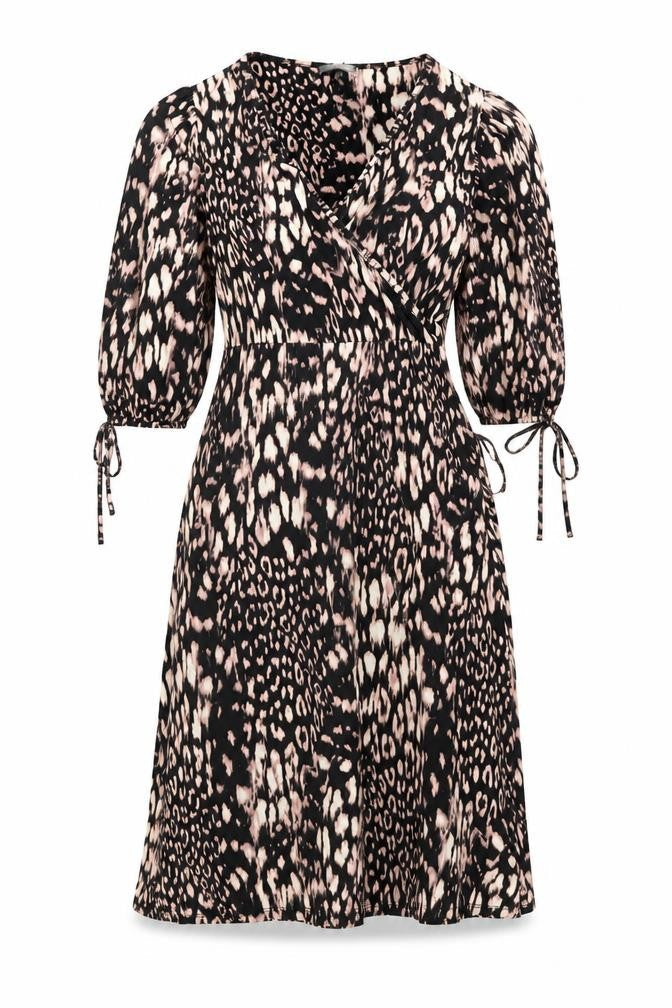 Front view of Principles women’s black geometric viscose wrap dress, size UK 12, v-neck pullover