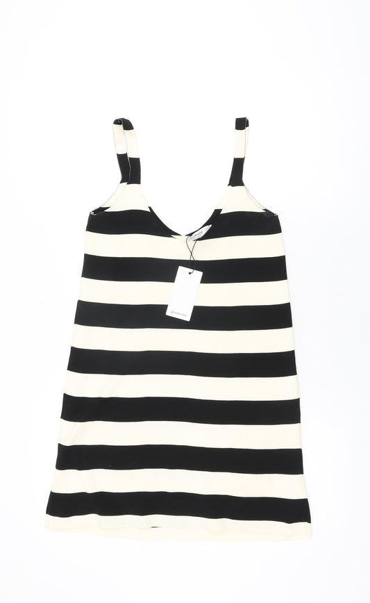 Stradivarius Womens Ivory Striped Polyester Basic T-Shirt Size XS V-Neck