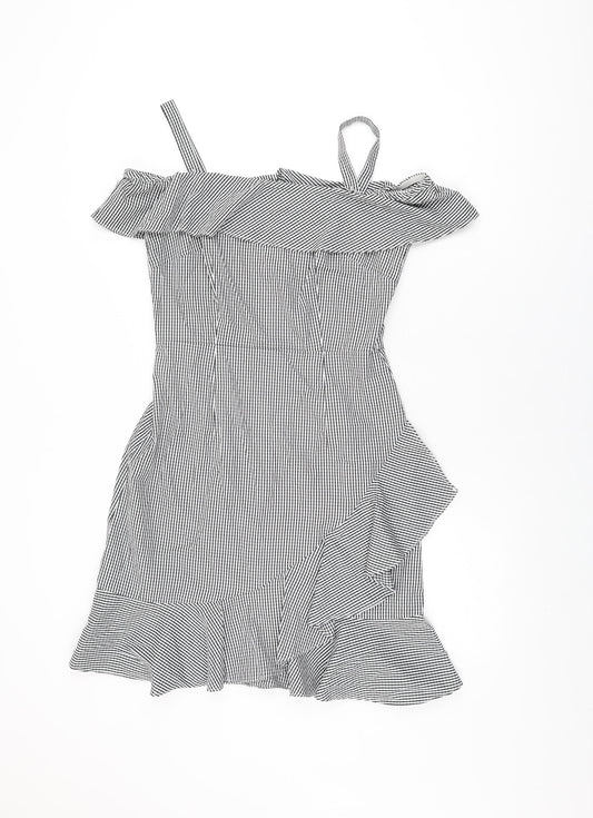 Donna Morgan Womens White Geometric Cotton Mini Size 6 Off the Shoulder Zip