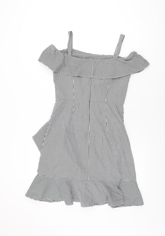Donna Morgan Womens White Geometric Cotton Mini Size 6 Off the Shoulder Zip