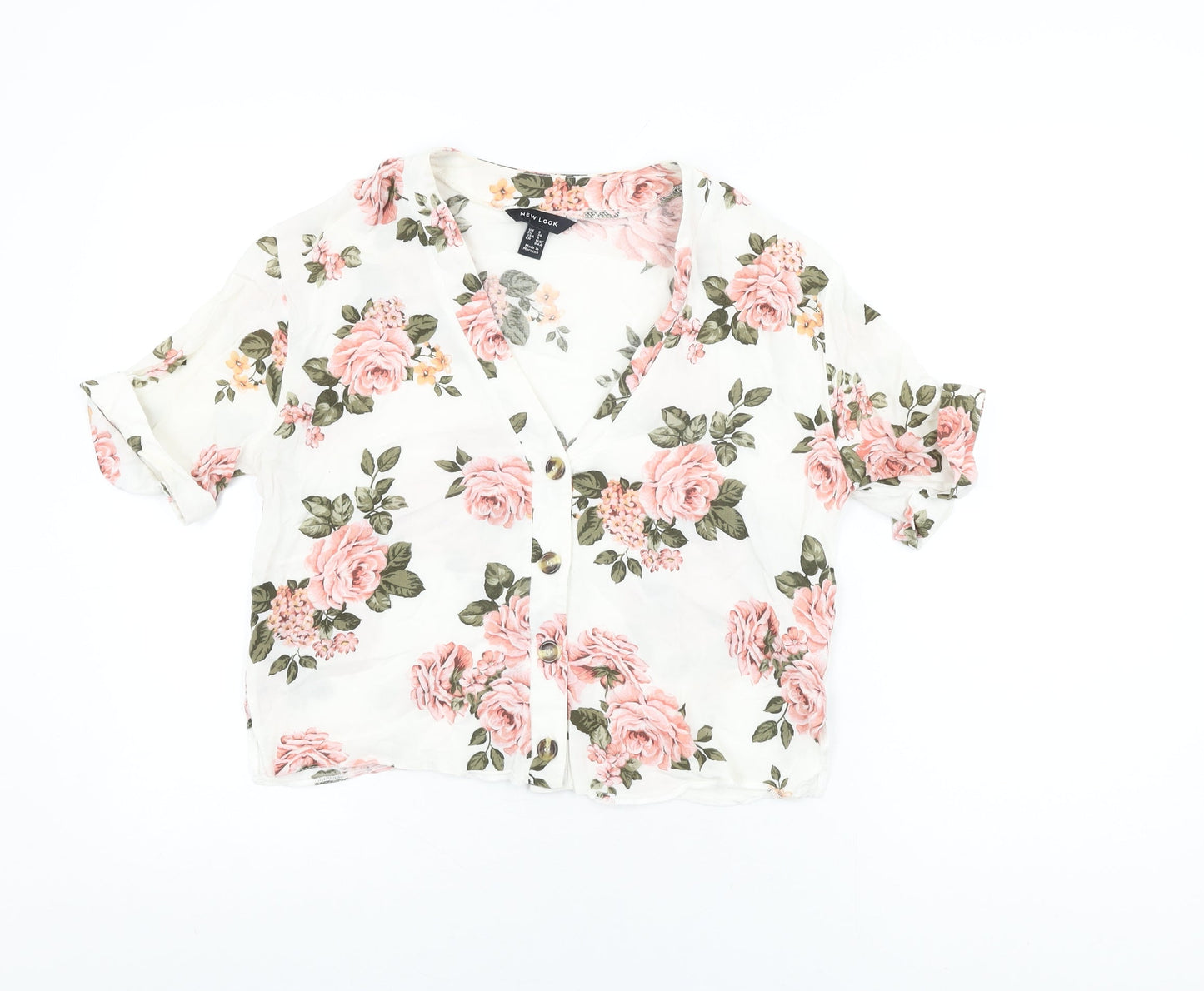 New Look Womens White Floral Viscose Basic Button-Up Size 8 V-Neck