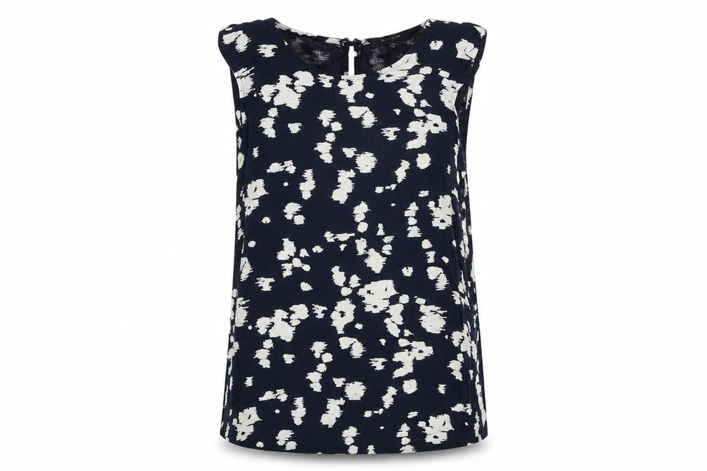 Front view of Autograph women’s blue geometric viscose basic t-shirt, size UK 12, round neck
