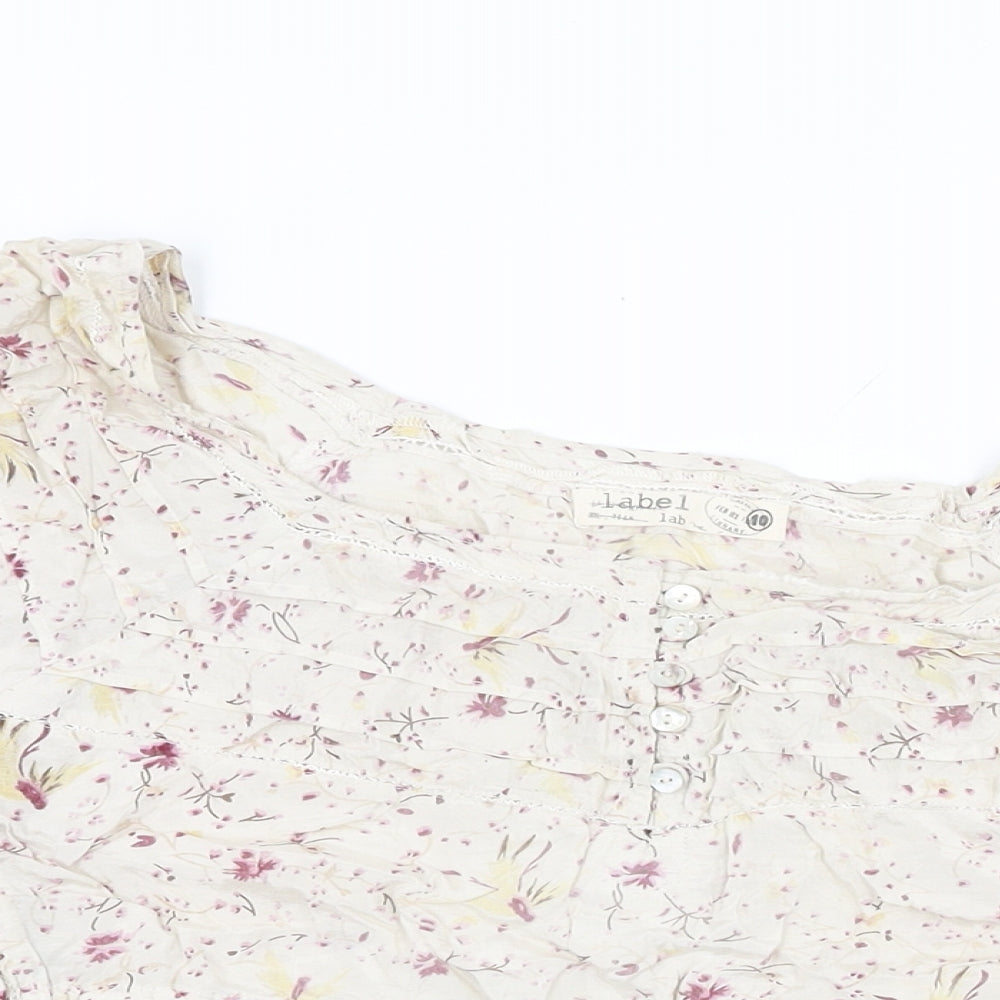 Label Lab Womens Ivory Floral Viscose Basic T-Shirt Size 10 Round Neck