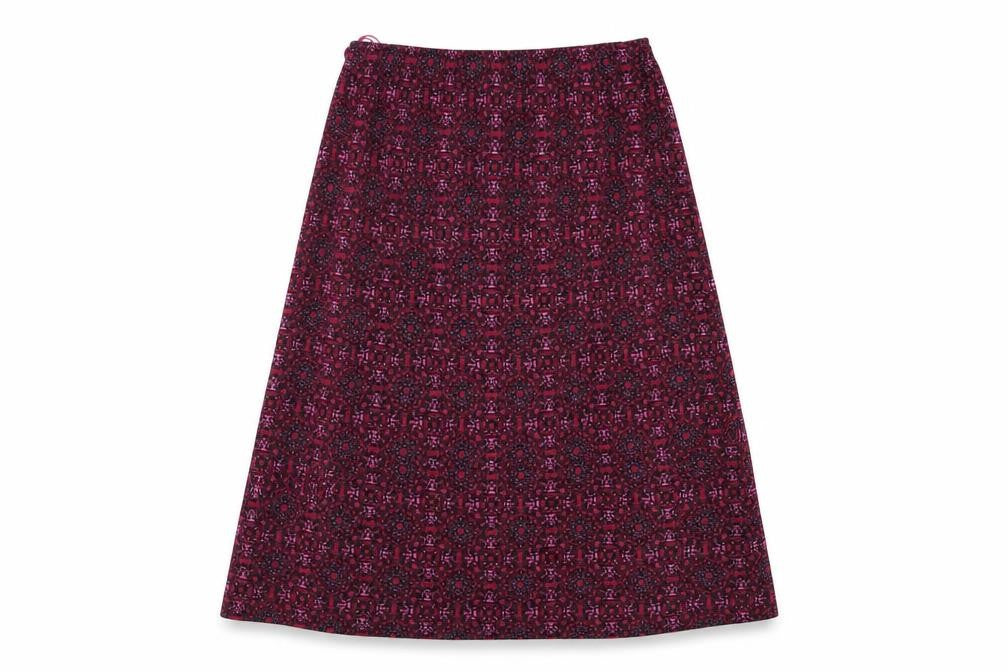 Front view of AMARANTO women’s pink geometric polyester flare skirt, size UK 12