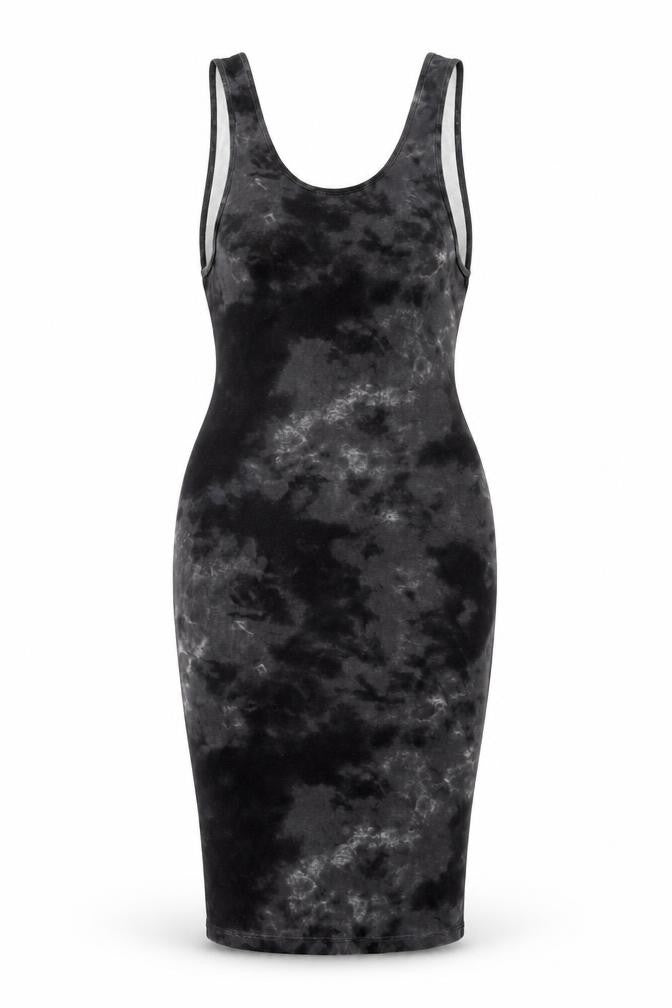 Front view of ASOS women’s black geometric viscose bodycon, size UK 10, scoop neck pullover
