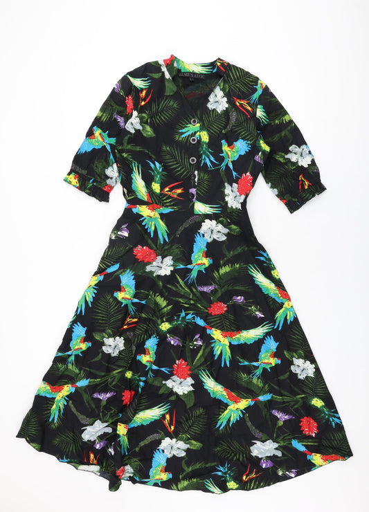 Elsie's Attic Womens Black Floral Cotton A-Line Size 10 V-Neck Zip