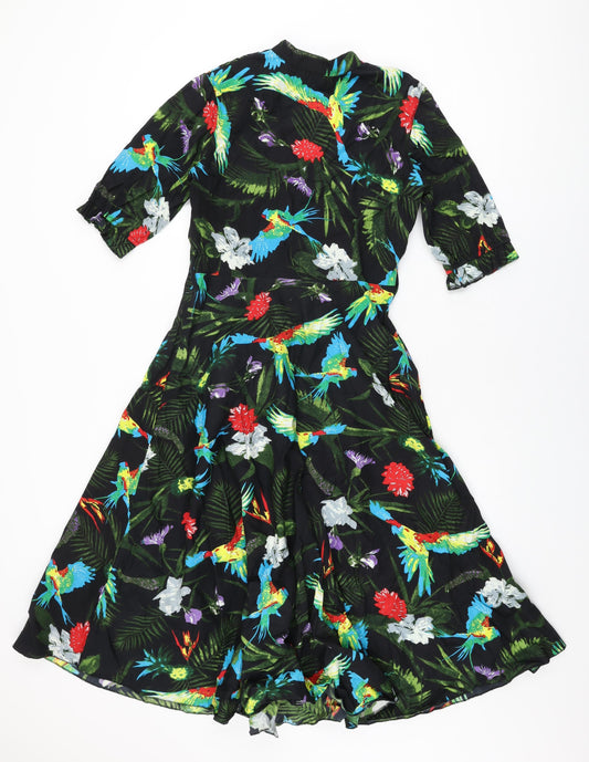 Elsie's Attic Womens Black Floral Cotton A-Line Size 10 V-Neck Zip