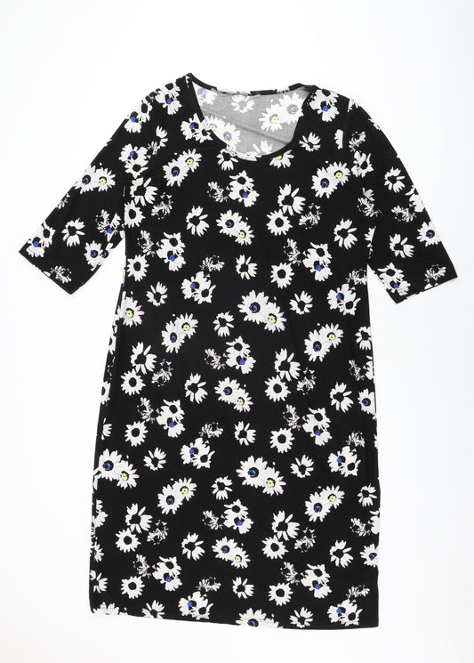 Anthology Womens Black Floral Polyester Shift Size 16 Scoop Neck Pullover
