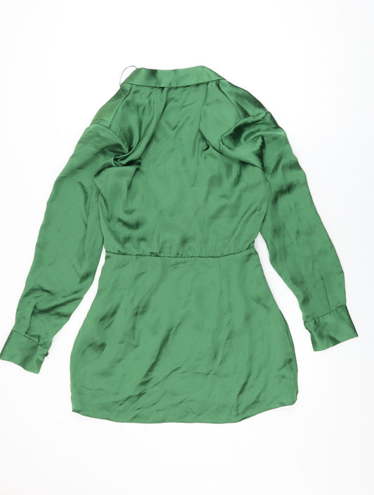 Zara Womens Green Polyester Shirt Dress Size S Collared Zip