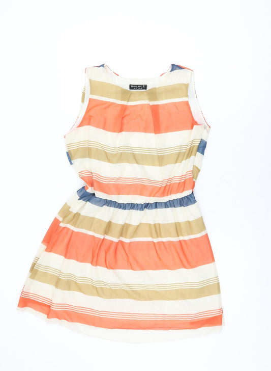 Select Womens Ivory Striped Polyester Skater Dress Size 14 Round Neck Zip