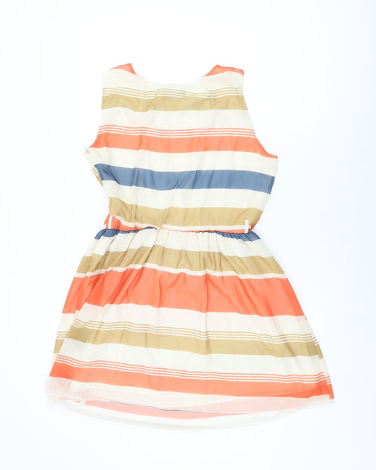 Select Womens Ivory Striped Polyester Skater Dress Size 14 Round Neck Zip