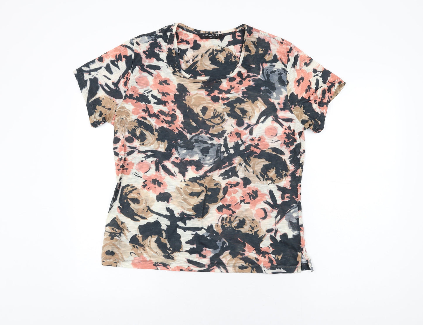 Viz-A-Viz Womens Multicoloured Floral Polyester Basic T-Shirt Size M Round Neck