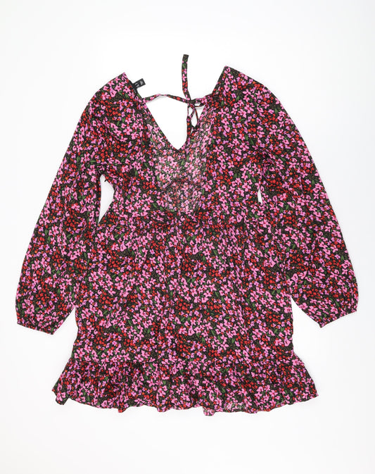 New Look Womens Black Floral Polyester Shift Size 12 V-Neck Zip