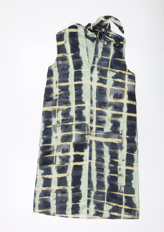 H&M Womens Green Geometric Polyester Tank Dress Size XS Mock Neck Tie