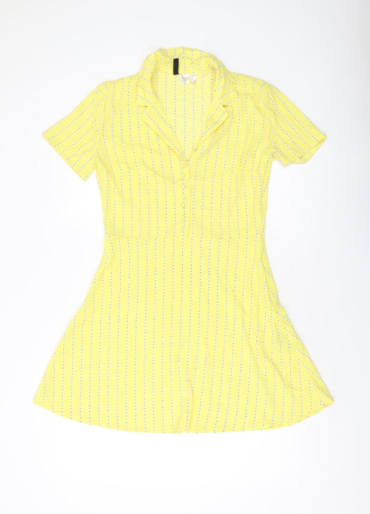 H&M Womens Yellow Geometric Polyester A-Line Size 10 V-Neck Button