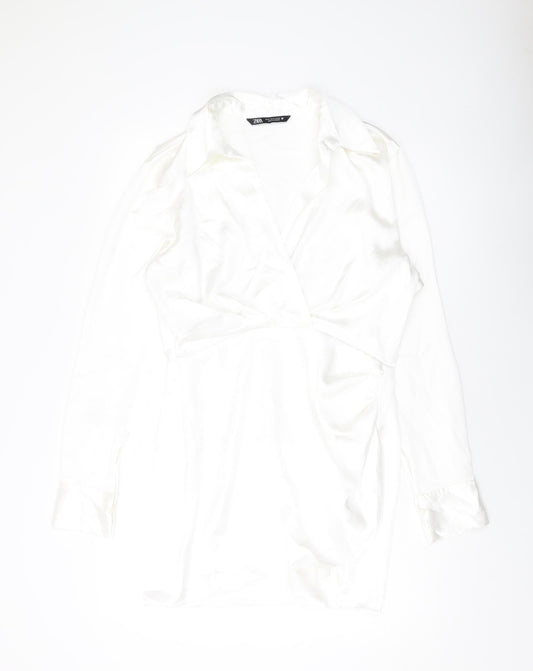 Zara Womens White Polyester Shirt Dress Size M Collared Zip