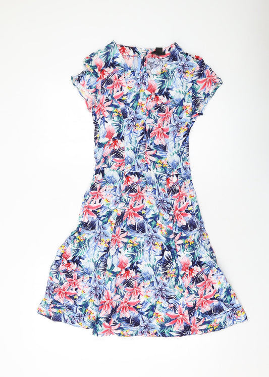 H&M Womens Multicoloured Floral Viscose A-Line Size 8 Round Neck Zip