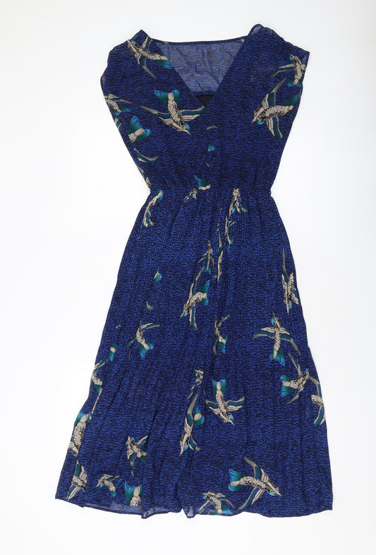 Warehouse Womens Blue Herringbone Polyester A-Line Size 8 Round Neck Pullover