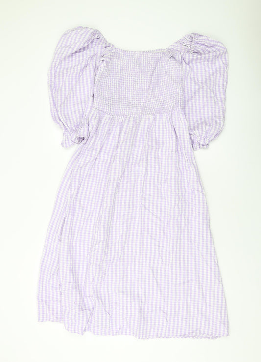 New Lookj Womens Purple Check Cotton A-Line Size 10 Square Neck Pullover