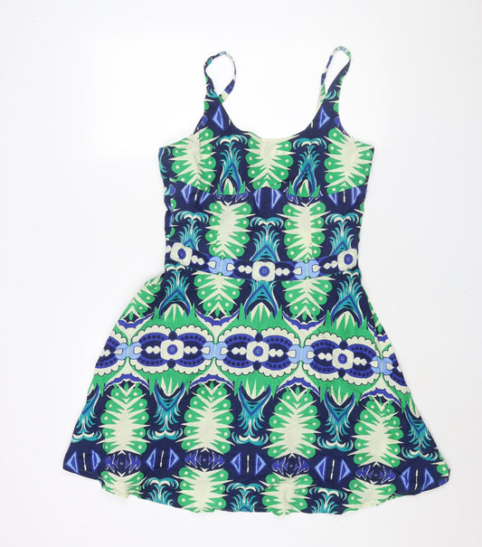 Le Sirenuse Womens Blue Geometric Cotton A-Line Size 14 Scoop Neck Zip