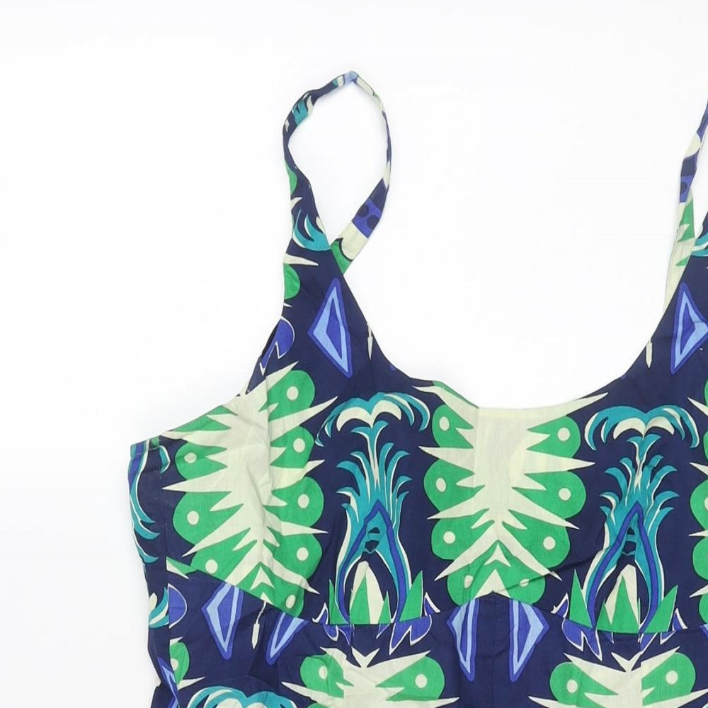 Le Sirenuse Womens Blue Geometric Cotton A-Line Size 14 Scoop Neck Zip