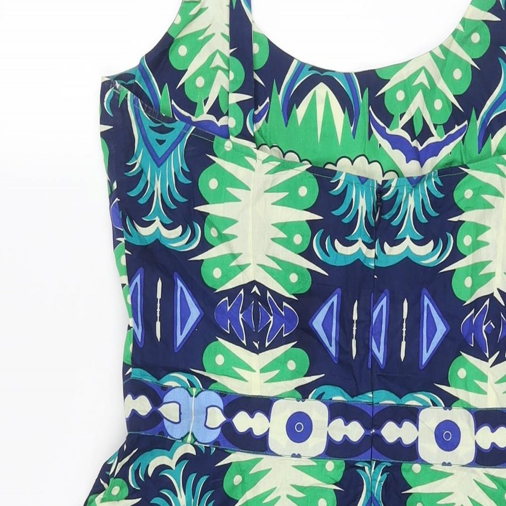 Le Sirenuse Womens Blue Geometric Cotton A-Line Size 14 Scoop Neck Zip