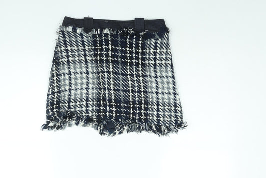 Zara Womens Blue Geometric Cotton Mini Skirt Size S Zip - Raw Edge