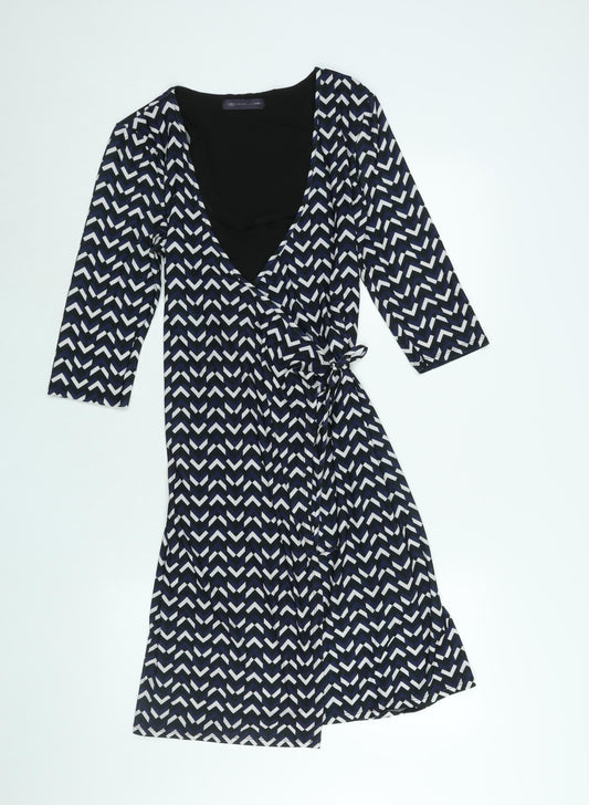 Marks and Spencer Womens Multicoloured Geometric Polyester Wrap Dress Size 10 V-Neck Tie