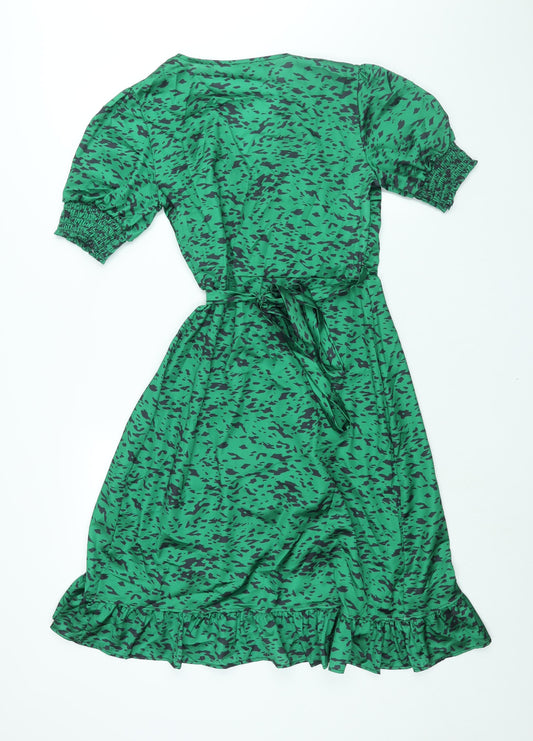 Jenerique Womens Green Geometric Polyester Wrap Dress Size 10 V-Neck Tie - Frill