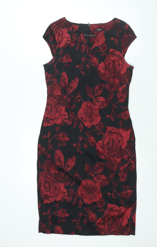 Roman Womens Red Floral Polyester Shift Size 12 V-Neck Zip