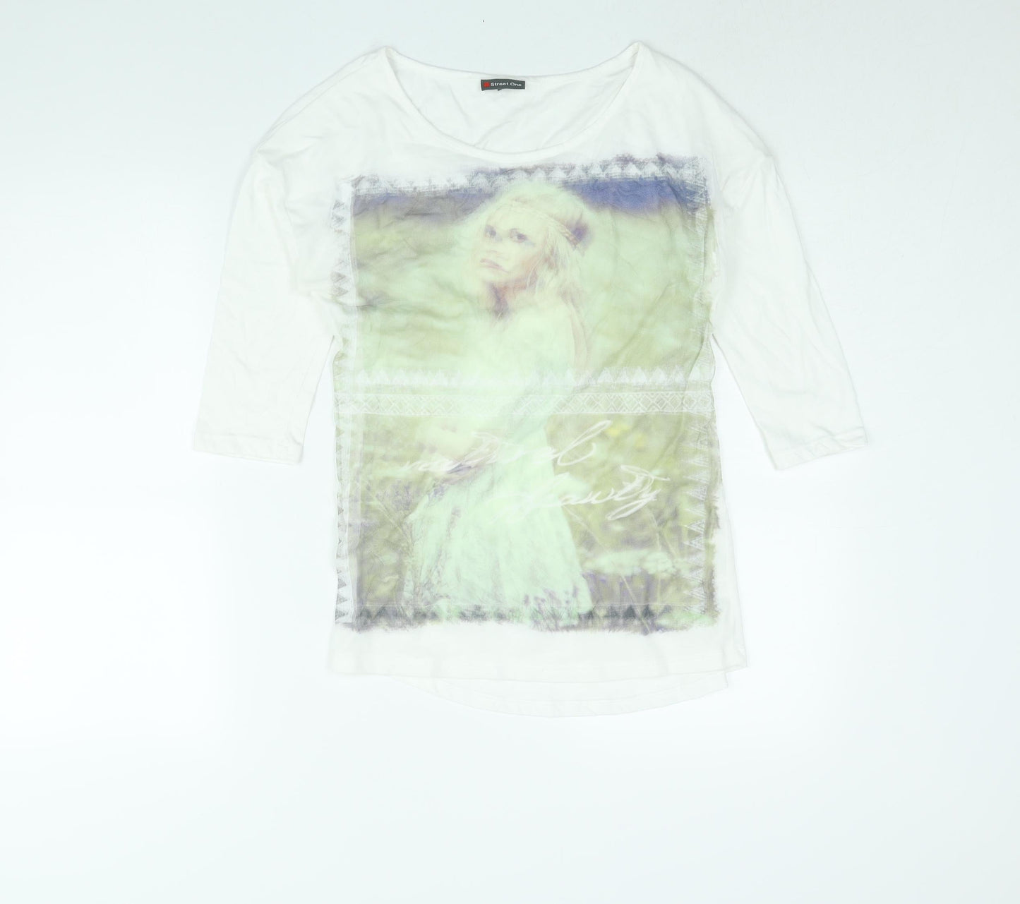 Street One Womens White Polyester Basic Blouse Size 8 Round Neck - Portrait Print