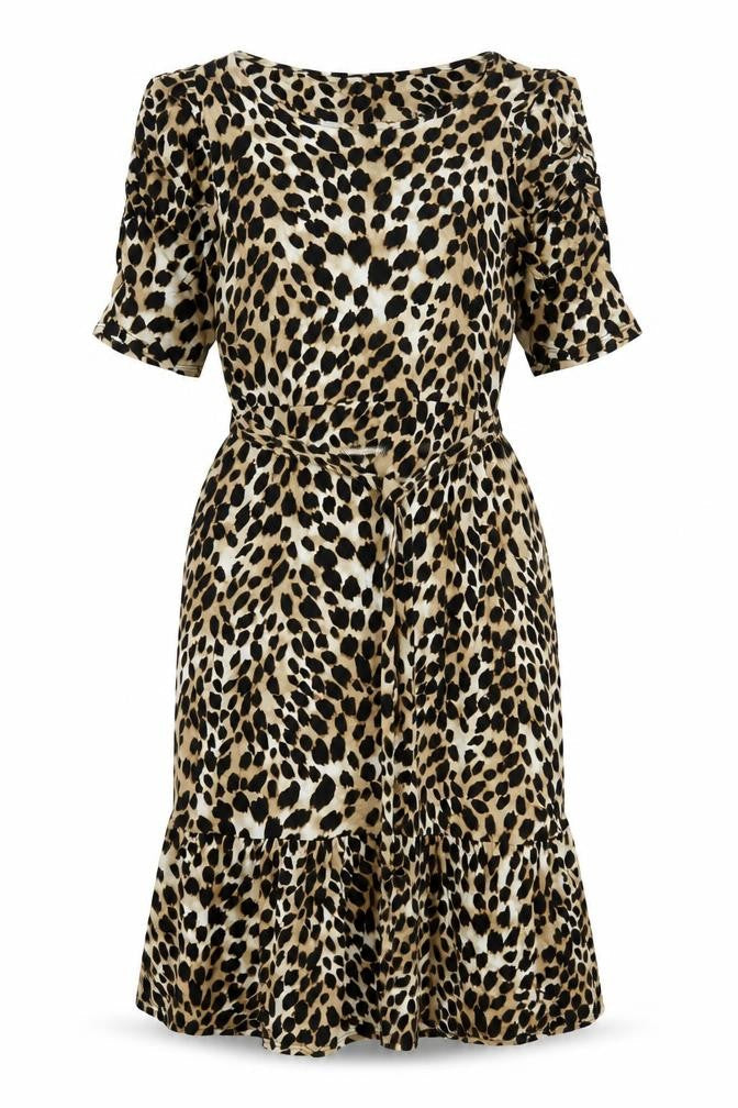 New Look Womens Beige Animal Print Viscose Shift Size 14 Round Neck Pullover - Belted Cheetah Print