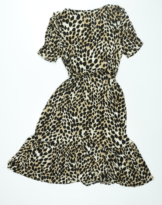 New Look Womens Beige Animal Print Viscose Shift Size 14 Round Neck Pullover - Belted Cheetah Print