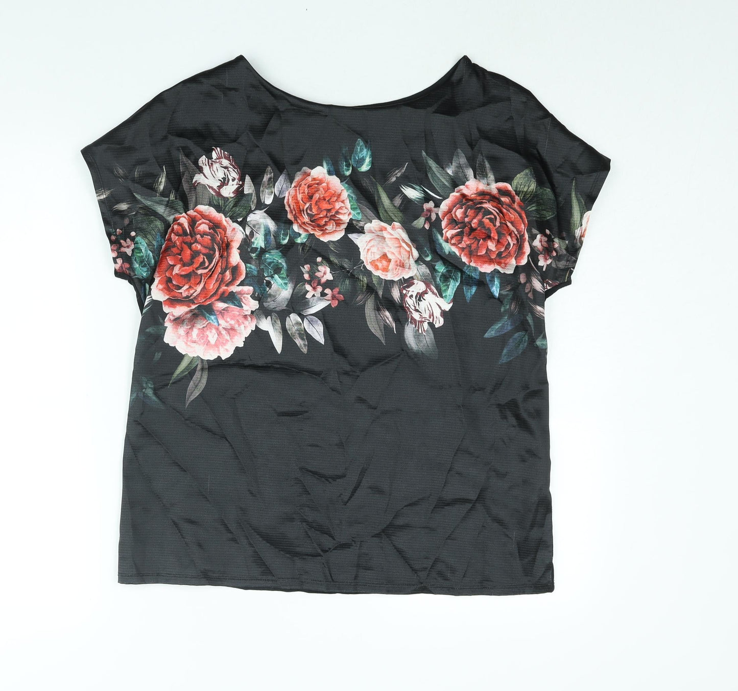 Marks and Spencer Womens Black Polyester Basic Blouse Size 12 Round Neck - Floral Print