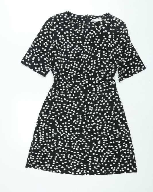 Warehouse Womens Black Floral Viscose A-Line Size 10 Round Neck Zip