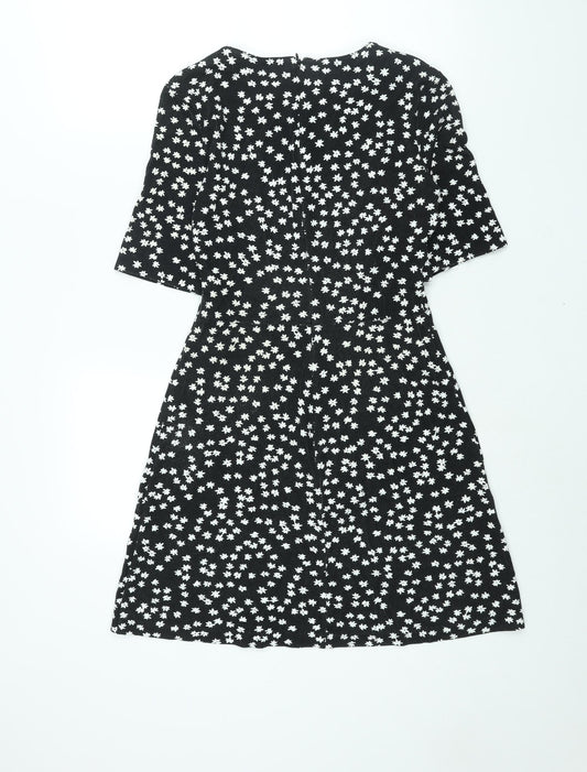 Warehouse Womens Black Floral Viscose A-Line Size 10 Round Neck Zip