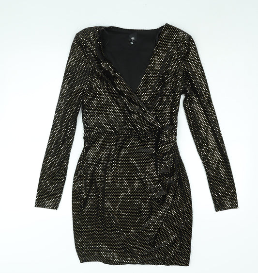 River Island Womens Black Polyester Bodycon Size 10 V-Neck Pullover - Shoulder Pads Gold Sequin