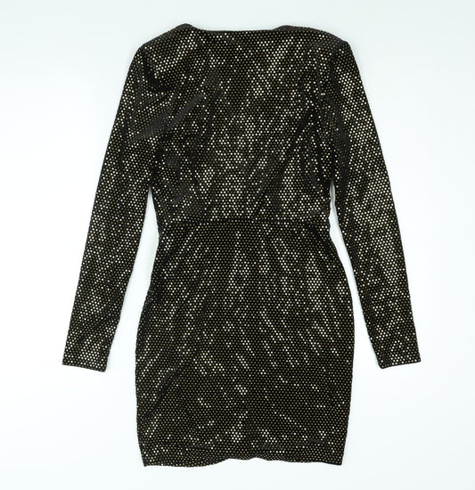 River Island Womens Black Polyester Bodycon Size 10 V-Neck Pullover - Shoulder Pads Gold Sequin