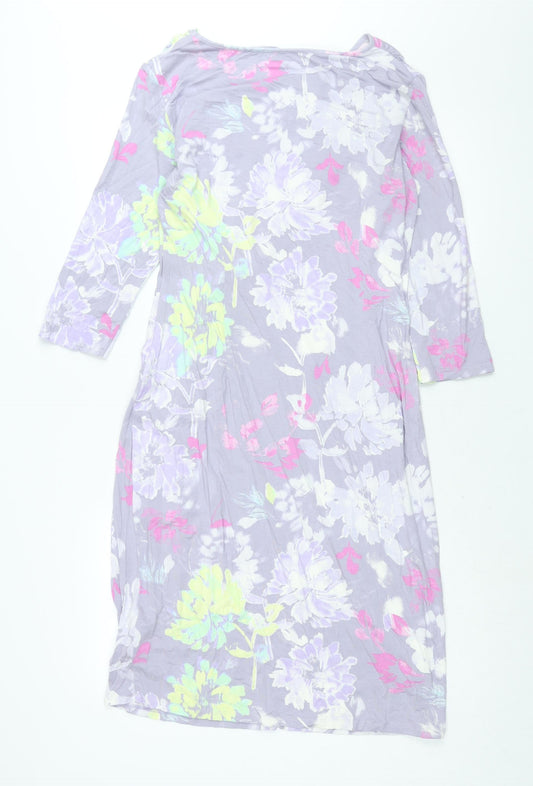 Classic Womens Purple Floral Viscose Shift Size 14 Boat Neck Pullover - Twist Detail