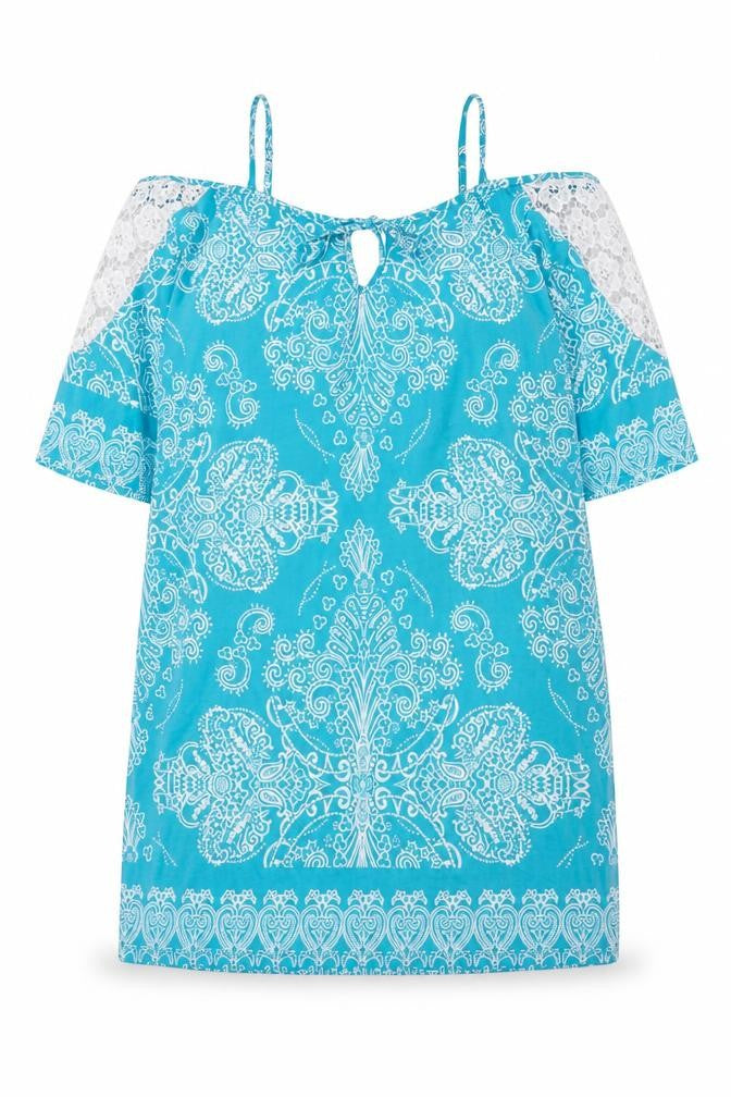 Front view of Kaleidoscope women’s blue fair isle polyester a-line, size UK 16, boat neck pullover - lace