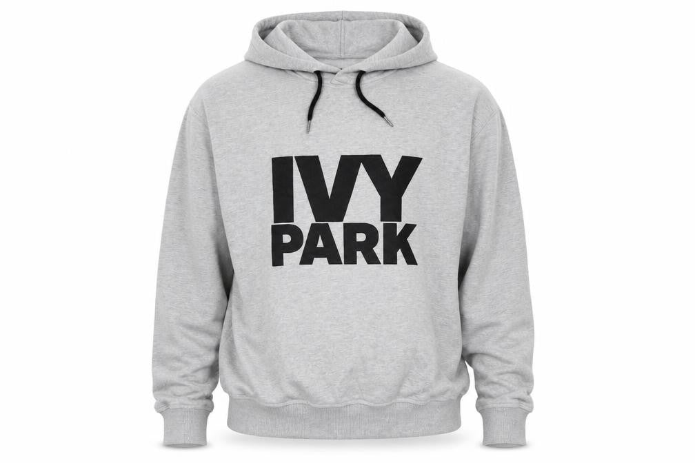 Front view of IVY PARK men’s grey cotton pullover hoodie, size M