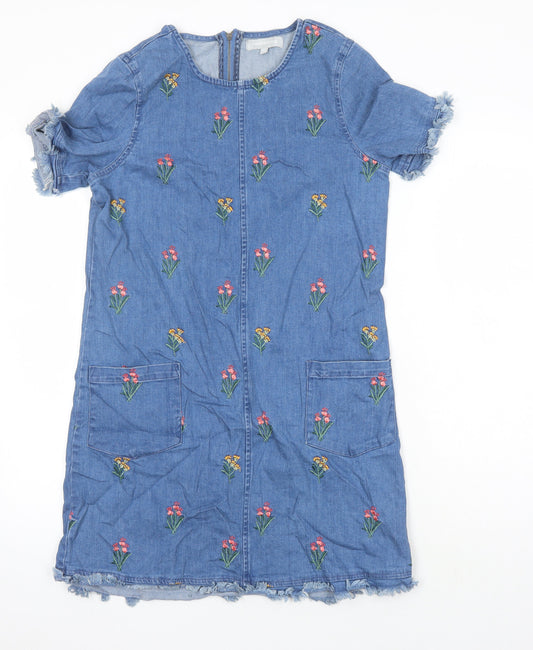 Red Herring Womens Blue Cotton Sheath Size 10 Round Neck - Embroidered Flowers