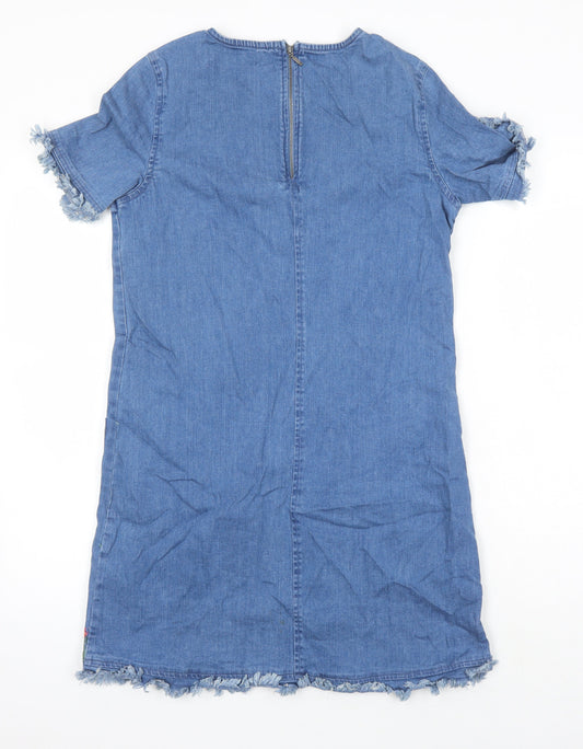 Red Herring Womens Blue Cotton Sheath Size 10 Round Neck - Embroidered Flowers