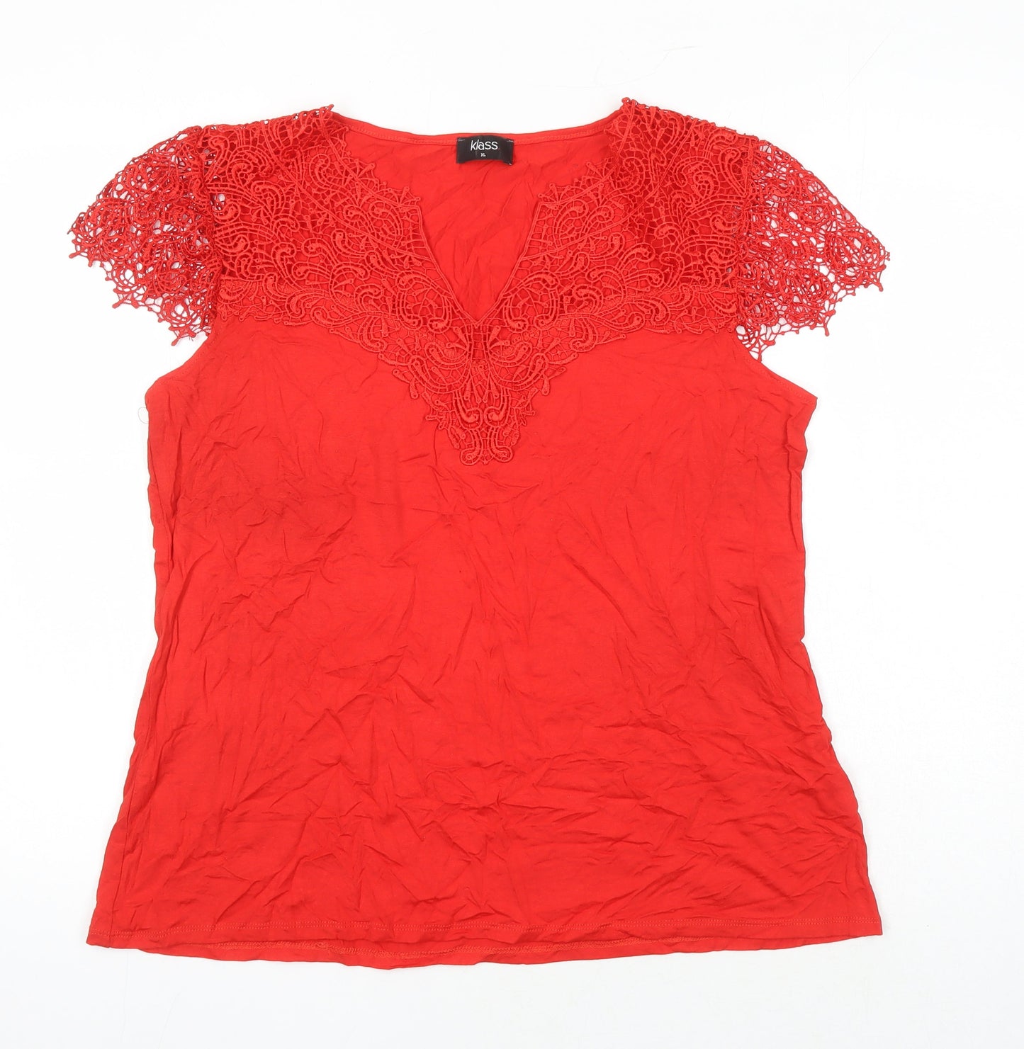 Klass Womens Red Viscose Tunic T-Shirt Size XL V-Neck - Lace Trims