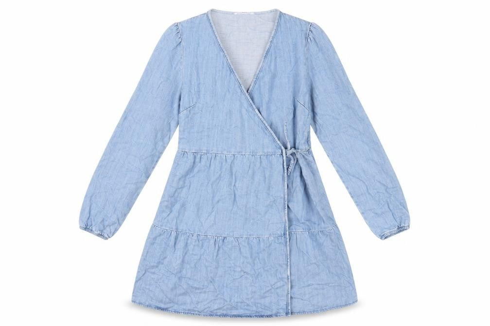 Marks & Spencer Girls Blue Cotton Wrap Dress Size 12-13 Years V-Neck Tie